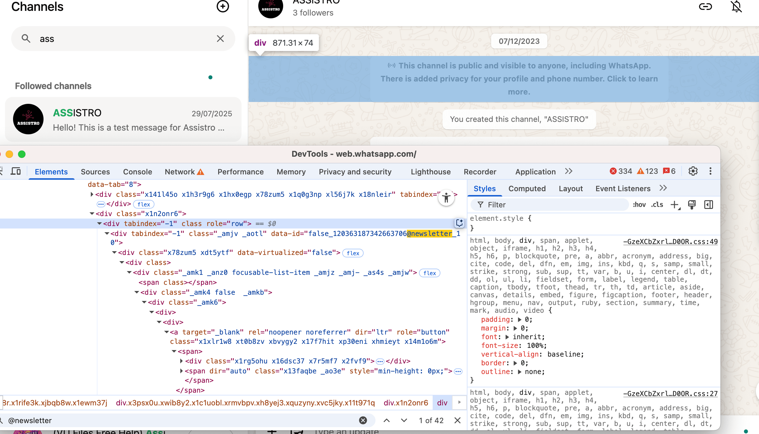 Debug panel for finding Channel ID or Newsletter ID from Whatsapp Web